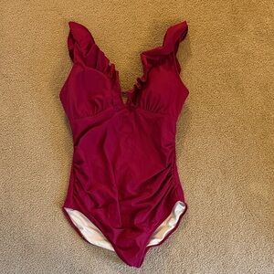 Ruffled V-Neck Magenta One-Piece Swimsuit
